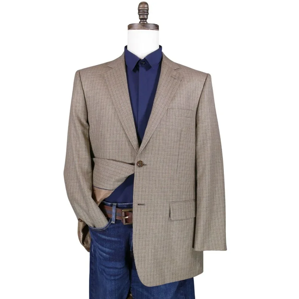 Joseph & Feiss Gold Sport Coat Blazer Mens 42R Beige Houndstooth Silk Wool
